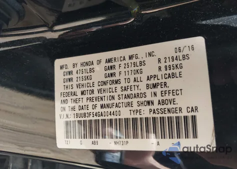 2016 Acura Tlx V6 Tech из США, поврежденный, VIN 19UUB3F54GA004400